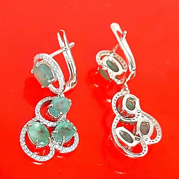 Natural Oval Green‎ Emerald 7x5mm & Cz 925 Sterling Silver Earrings - Picture 5 of 9
